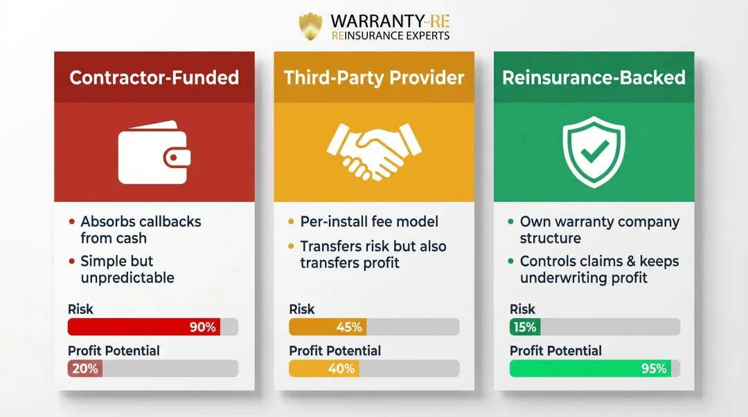 Three contractor labor warranty funding structures comparison infographic side-by-side