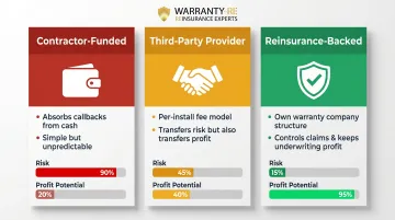 Three contractor labor warranty funding structures comparison infographic side-by-side