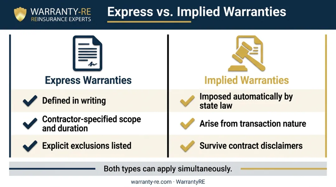 Express versus implied warranty two-column comparison infographic for contractors