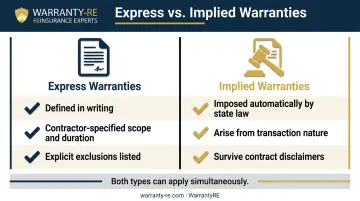 Express versus implied warranty two-column comparison infographic for contractors