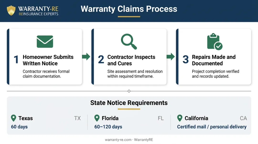 New construction warranty claims process three-step flow with state notice requirements