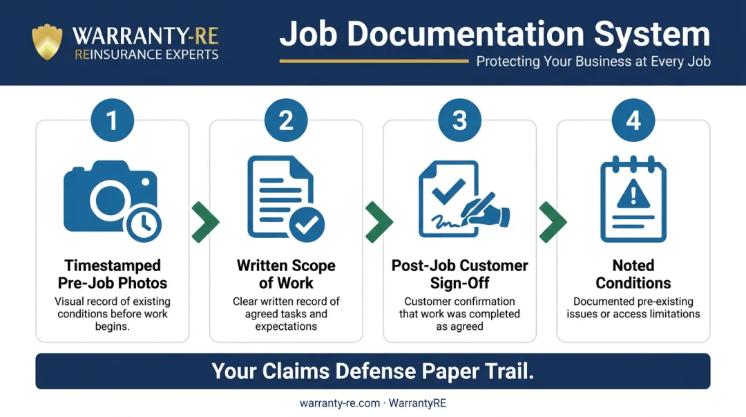 Four-step plumbing job documentation system for warranty claims defense