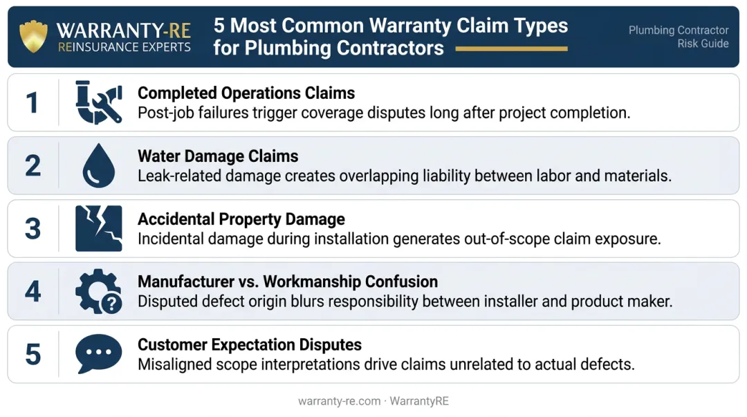 Five most common plumbing contractor warranty claim types comparison infographic