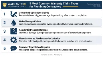 Five most common plumbing contractor warranty claim types comparison infographic