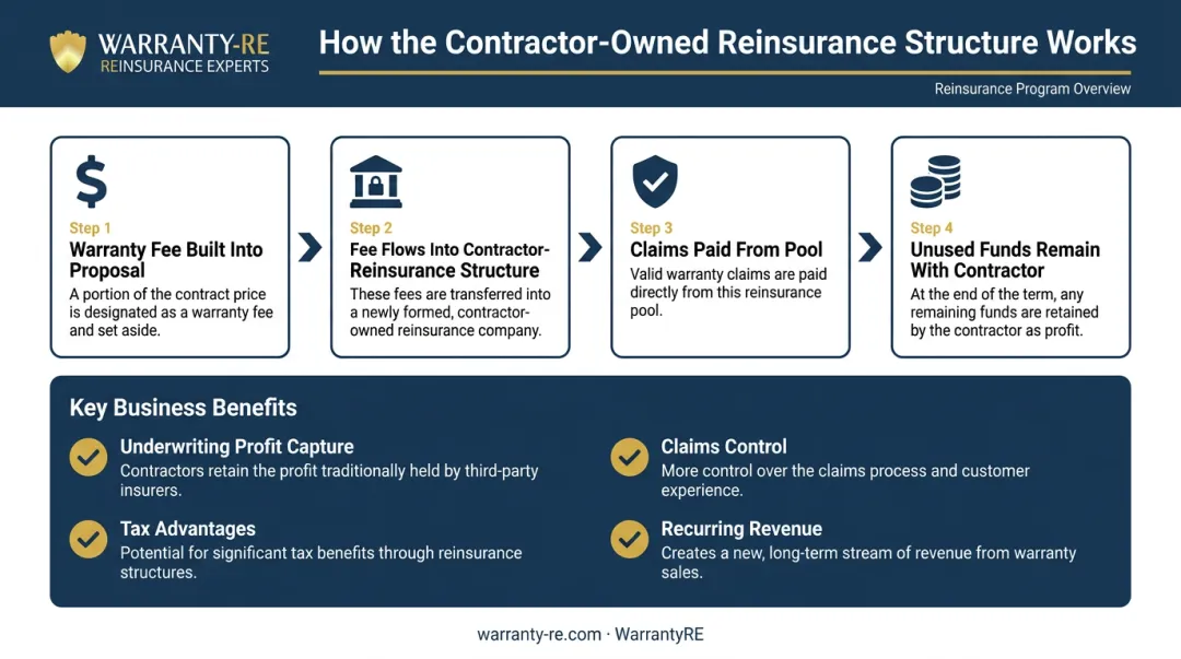 Contractor-owned warranty reinsurance four-step profit and control flow diagram