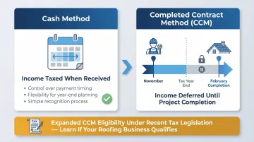 Cash method versus completed contract method income timing comparison for roofing contractors