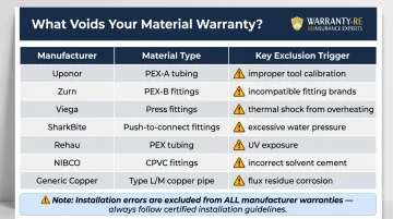 Common manufacturer PEX and copper warranty exclusions comparison table by brand