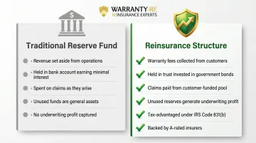 Traditional warranty reserve fund versus contractor-owned reinsurance structure side-by-side comparison