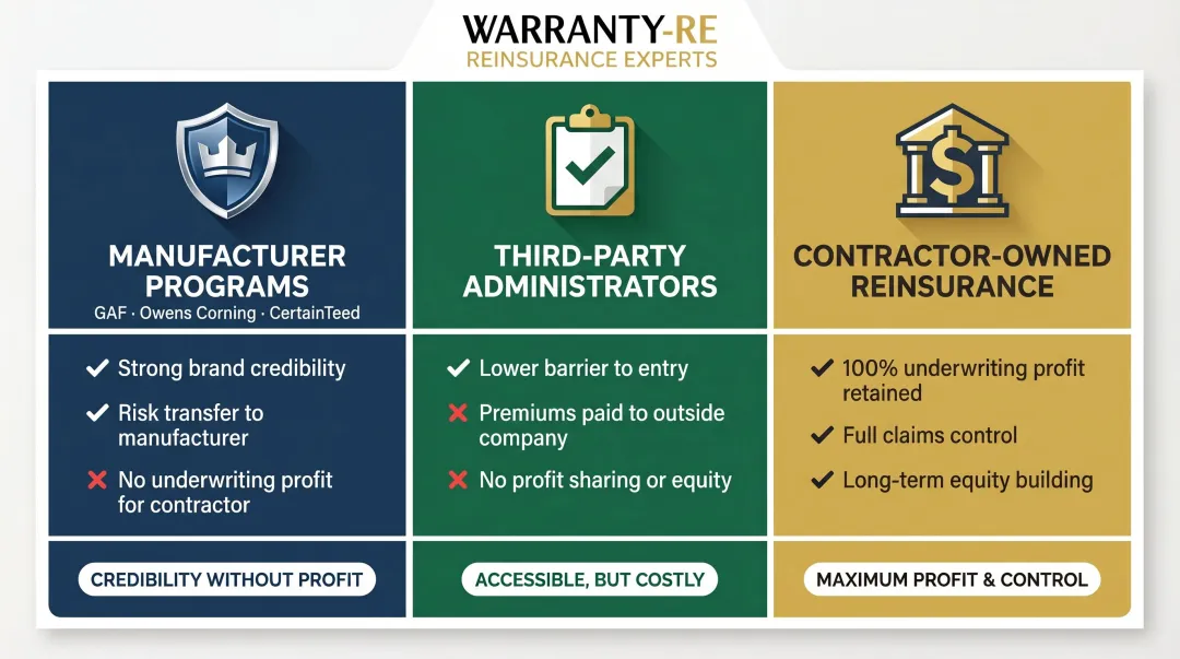 Three roofing warranty program models comparison infographic for contractors