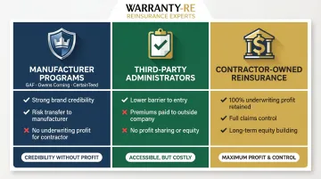 Three roofing warranty program models comparison infographic for contractors