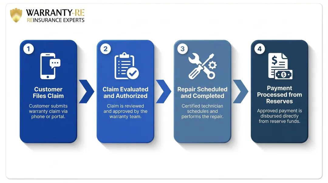 Four-step contractor warranty claims process flow from customer call to payment