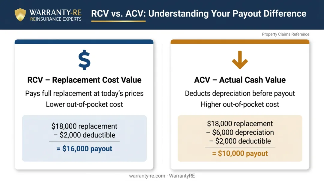 RCV versus ACV roof insurance payout comparison with deductible examples