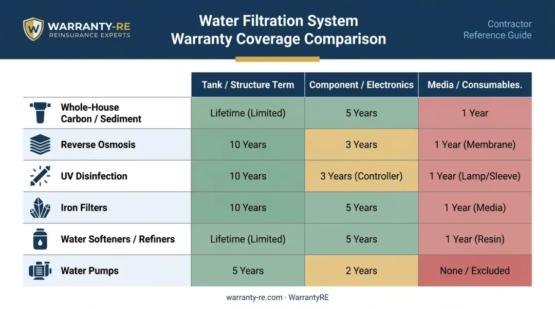 Water filtration system warranty comparison by system type coverage durations