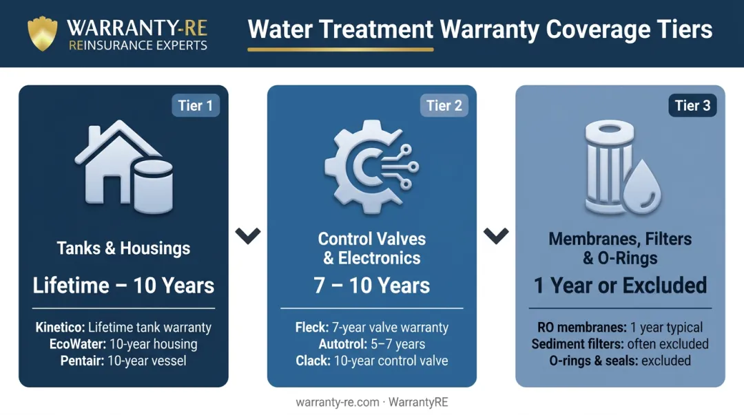 Three-tier water filtration warranty coverage structure tanks components media