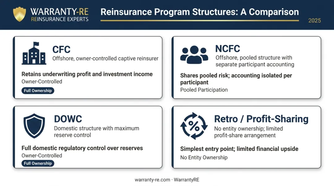 Four warranty reinsurance program structure options comparison chart for contractors and dealers