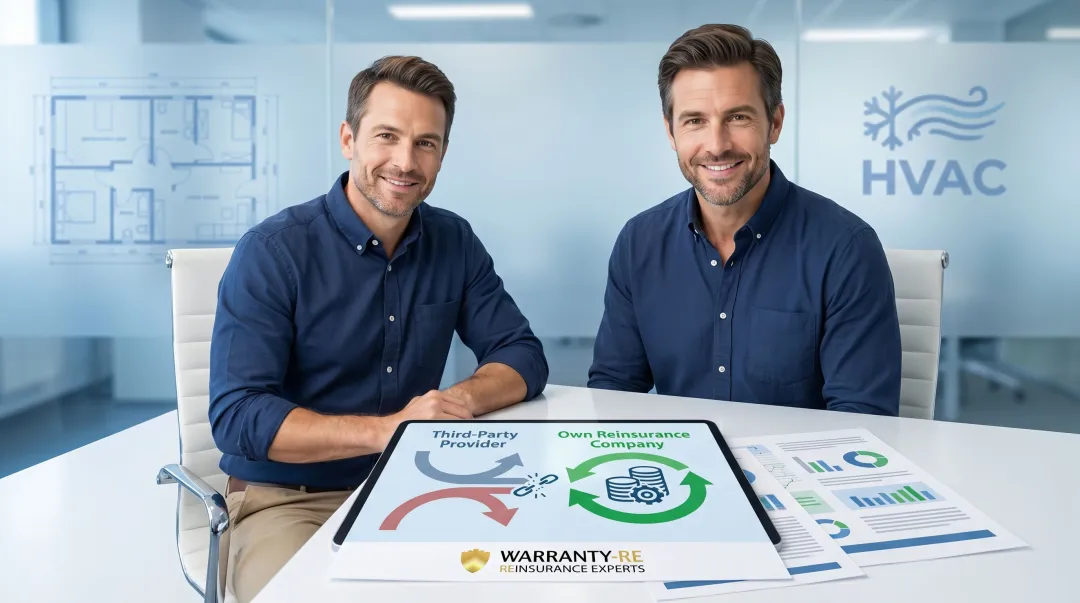 HVAC contractor reviewing reinsurance profit flow chart showing recaptured warranty earnings