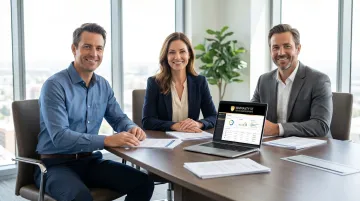 Contractor and reinsurance partner team reviewing warranty compliance reports in office