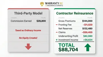 Roofing contractor reinsurance versus third-party warranty annual financial outcome comparison