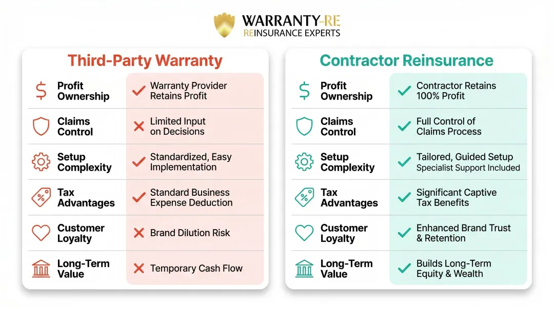 Third-party warranty versus contractor reinsurance six-dimension comparison chart
