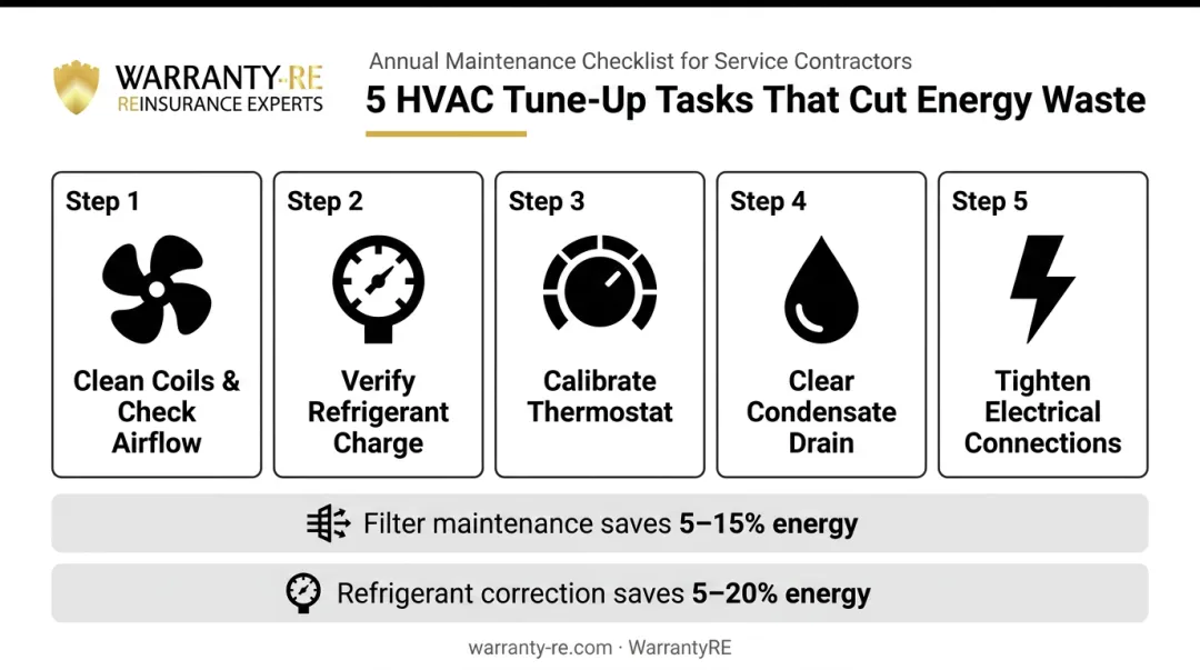 HVAC tune-up tasks and energy savings percentages infographic breakdown