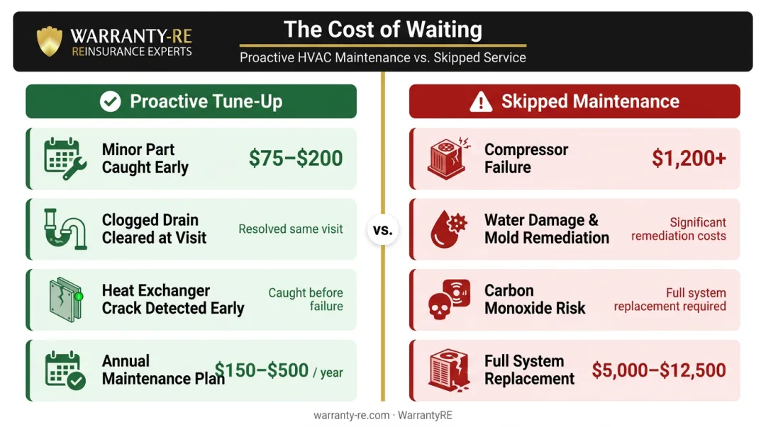 Skipped HVAC maintenance versus proactive tune-up repair cost comparison infographic