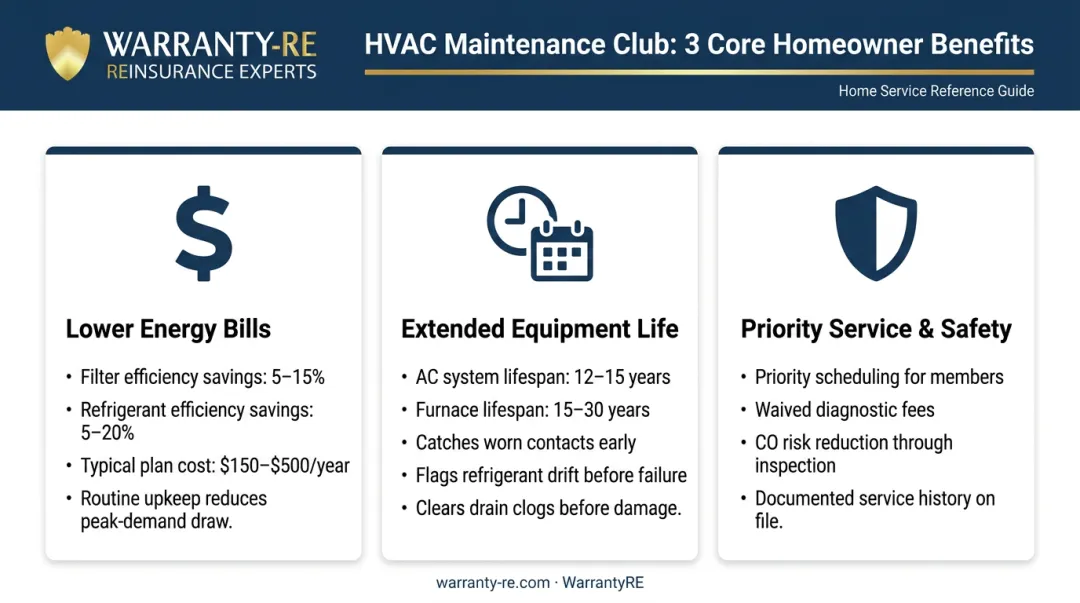HVAC maintenance club membership benefits overview for homeowners three-column infographic