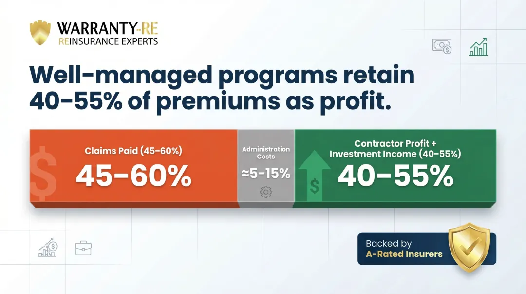 Reinsurance warranty program loss ratio profit breakdown showing 40 to 55 percent retained premium