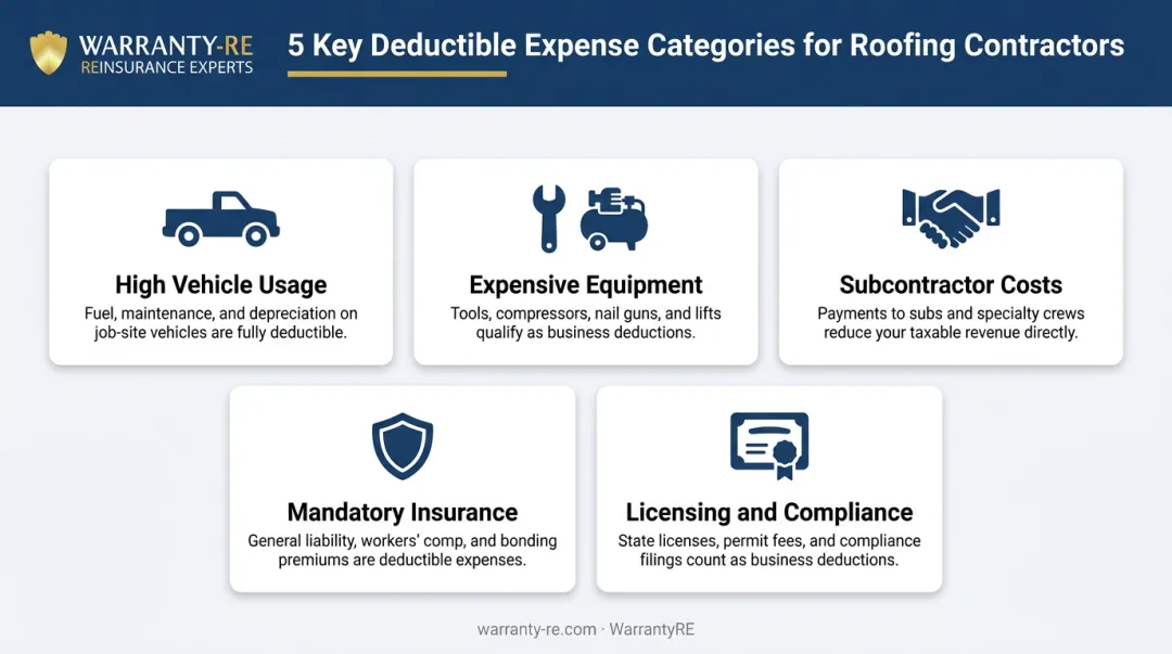 Five major roofing contractor tax deduction categories overview infographic