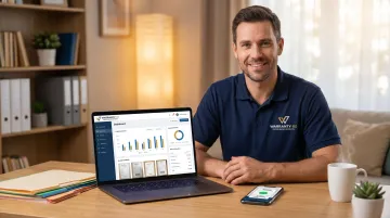 Plumbing contractor reviewing digital expense records and receipts on laptop at desk