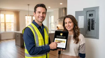 Electrical contractor presenting warranty options to homeowner after panel installation