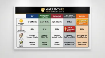Five roofing underlayment brands comparison chart UV rating strength and application