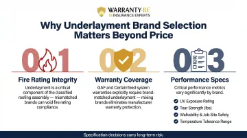 Three critical roofing underlayment brand selection risk factors infographic