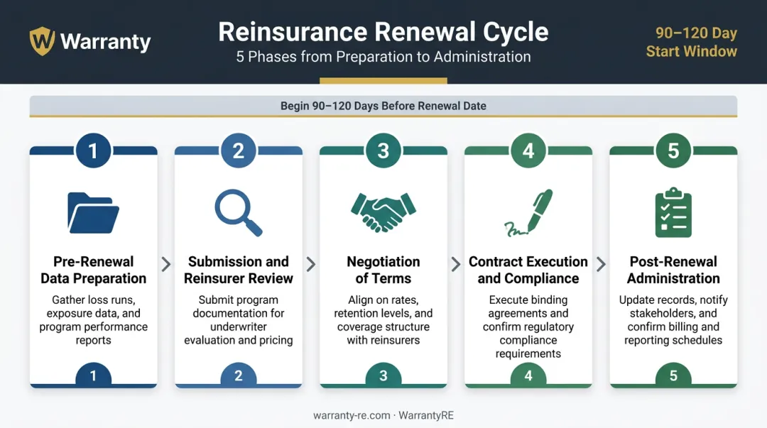 Five-phase reinsurance treaty renewal process flow from data preparation to post-renewal administration