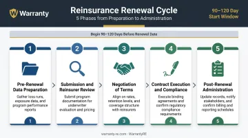 Five-phase reinsurance treaty renewal process flow from data preparation to post-renewal administration