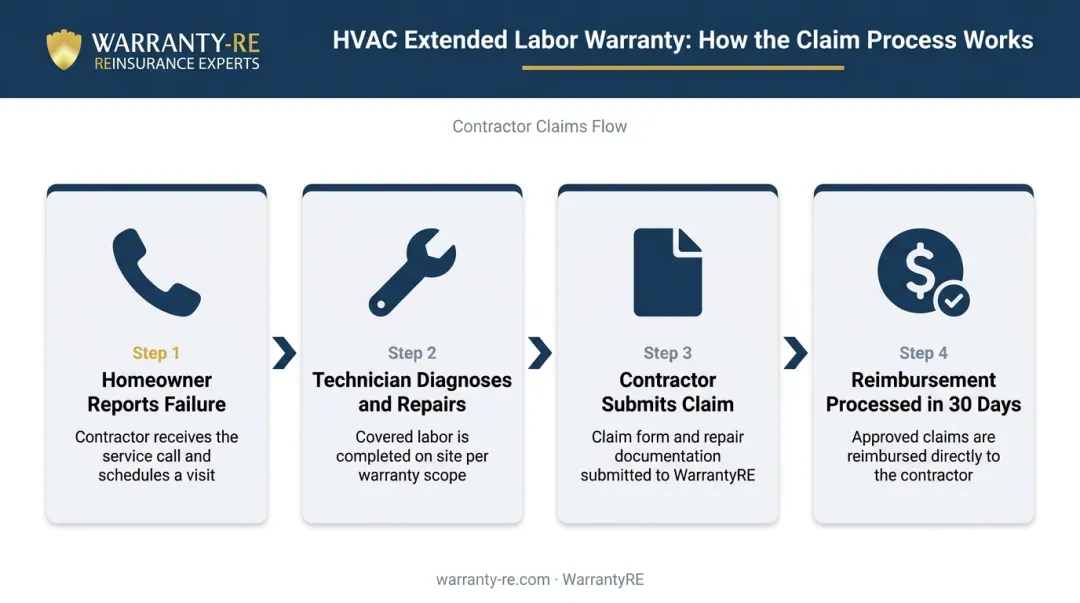 4-step HVAC extended labor warranty claims process from failure to reimbursement