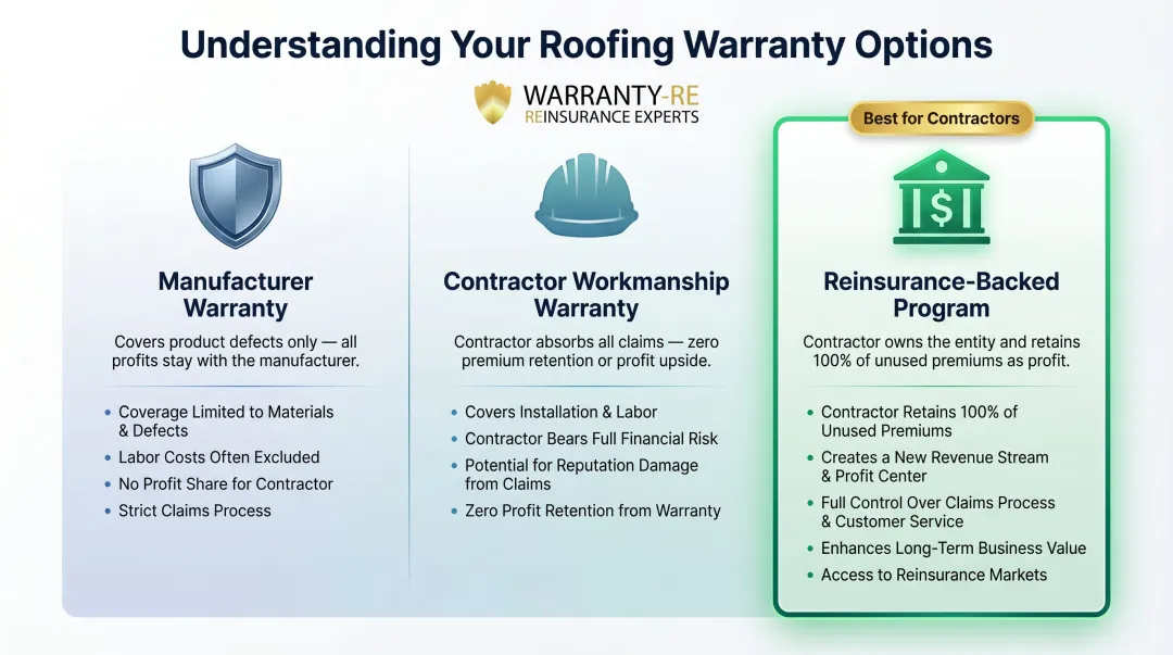 Three roofing warranty model types comparison from manufacturer to reinsurance ownership