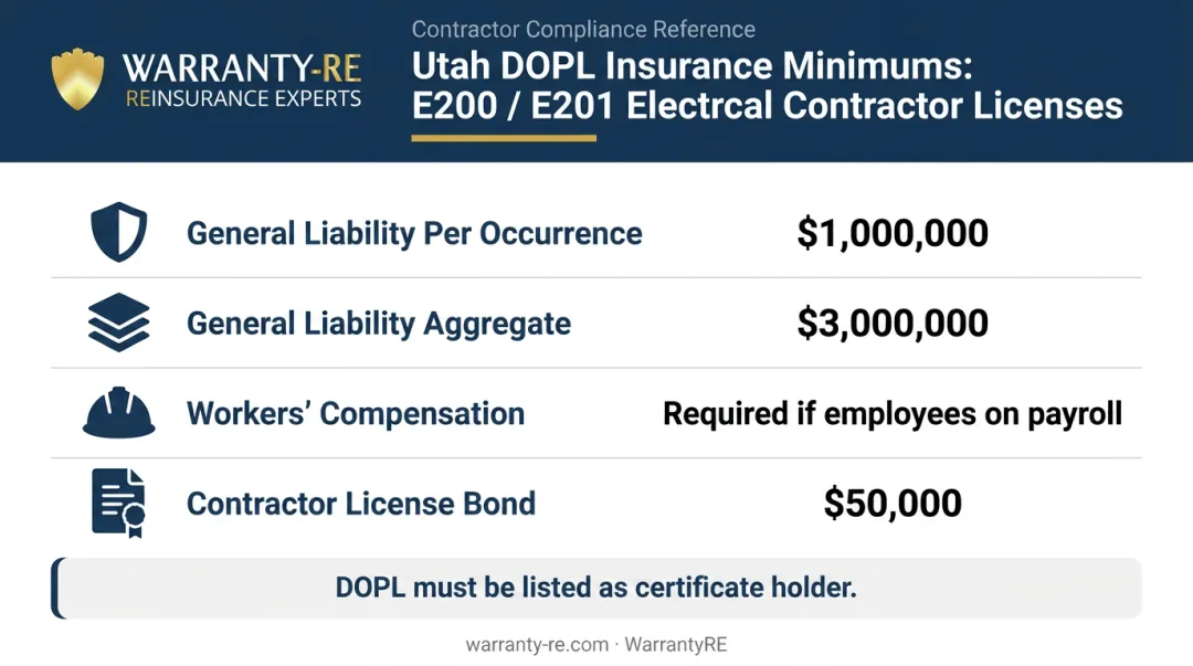 Utah DOPL electrical contractor insurance minimums requirements table infographic