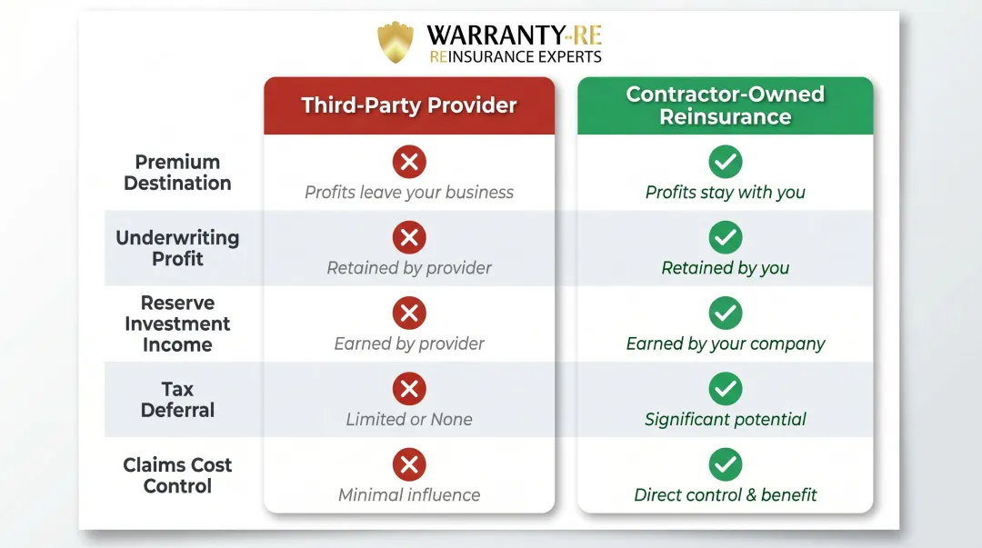 Third-party warranty provider versus contractor-owned reinsurance five-factor financial comparison
