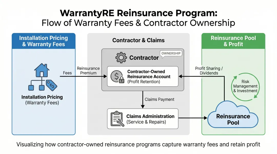 WarrantyRE reinsurance structure diagram showing warranty fee flow and claims management process