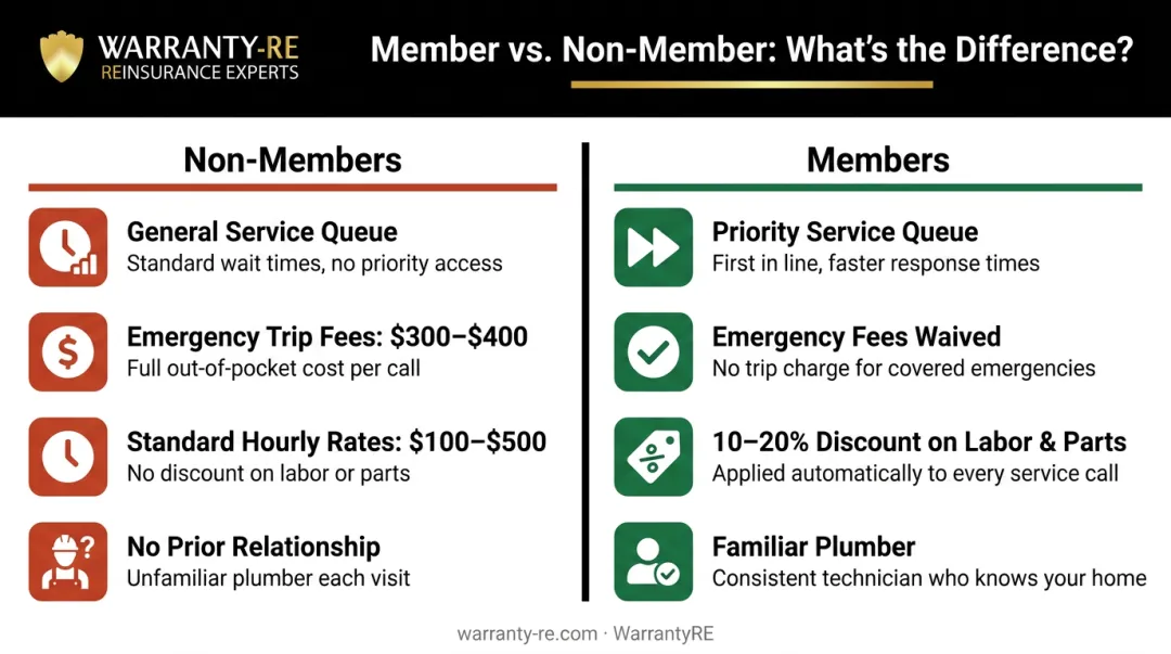 Plumbing emergency non-member versus member experience side-by-side comparison infographic
