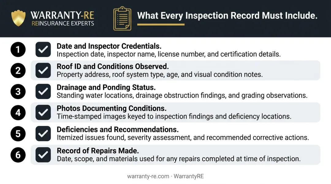Roof warranty inspection record checklist six required documentation elements infographic
