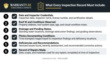 Roof warranty inspection record checklist six required documentation elements infographic