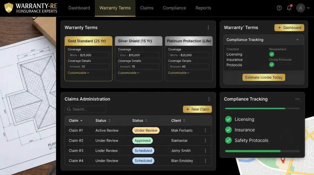 WarrantyRE contractor-owned reinsurance program dashboard showing warranty management features