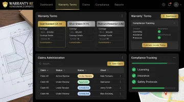 WarrantyRE contractor-owned reinsurance program dashboard showing warranty management features