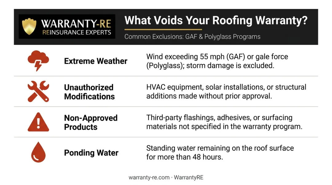 Roof coating warranty void triggers infographic showing four major exclusion categories