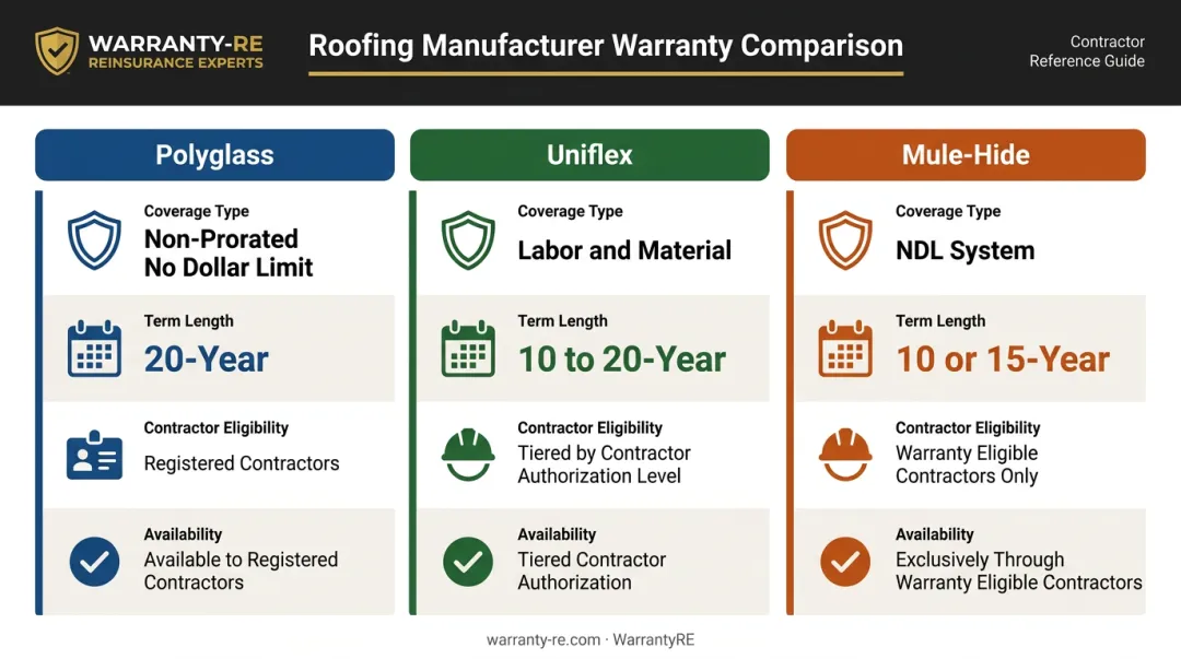 Three manufacturer system warranty comparison chart showing terms and contractor requirements