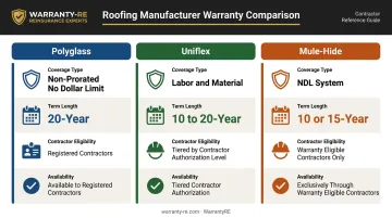 Three manufacturer system warranty comparison chart showing terms and contractor requirements