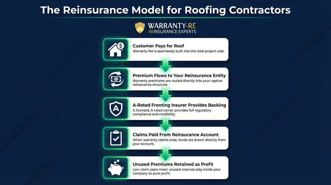 5-step roofing reinsurance workflow from customer payment to retained profit