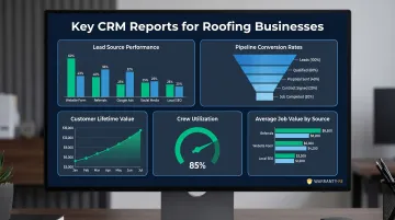 Roofing CRM reporting dashboard showing five critical business performance metrics