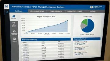WarrantyRE reinsurance program dashboard showing contractor warranty management and financial reporting
